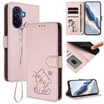 For Huawei Enjoy 50 / Enjoy 60 / nova Y70 Embossed Heart Cat Leather Phone Case with Strap(Pink)