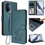 For Huawei Enjoy 50 / Enjoy 60 / nova Y70 Embossed Heart Cat Leather Phone Case with Strap(Dark Green)