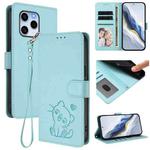 For Honor 60 SE Embossed Heart Cat Leather Phone Case with Hand Strap(Mint Green)