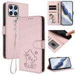 For Honor 70 Lite / X8 5G / X6 4G / X6s Embossed Heart Cat Leather Phone Case with Hand Strap(Pink)