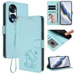 For Honor 70 Pro Embossed Heart Cat Leather Phone Case with Hand Strap(Mint Green)