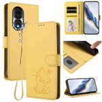For Honor 80 Embossed Heart Cat Leather Phone Case with Hand Strap(Yellow)
