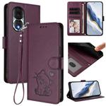 For Honor 80 Embossed Heart Cat Leather Phone Case with Hand Strap(Dark Purple)