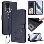 For Honor 80 Embossed Heart Cat Leather Phone Case with Hand Strap(Blue)
