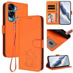 For Honor 90 Lite / Honor X50i Embossed Heart Cat Leather Phone Case with Hand Strap(Orange)