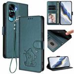 For Honor 90 Lite / Honor X50i Embossed Heart Cat Leather Phone Case with Hand Strap(Dark Green)