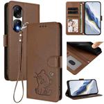 For Honor 90 Pro Embossed Heart Cat Leather Phone Case with Hand Strap(Brown)