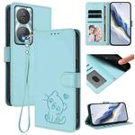 For Honor 90 Smart / X7b 4G / 5G / Play 8T Embossed Heart Cat Leather Phone Case with Hand Strap(Mint Green)