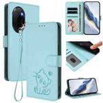 For Honor 100 Pro Embossed Heart Cat Leather Phone Case with Hand Strap(Mint Green)