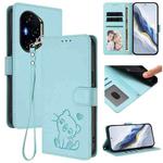 For Honor 300 Pro / Honor 300 Ultra Embossed Heart Cat Leather Phone Case with Hand Strap(Mint Green)