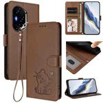For Honor 300 Pro / Honor 300 Ultra Embossed Heart Cat Leather Phone Case with Hand Strap(Brown)