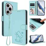 For Honor 400 Pro Global 160.8mm Embossed Heart Cat Leather Phone Case with Hand Strap(Mint Green)