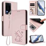 For Honor GT Embossed Heart Cat Leather Phone Case with Hand Strap(Pink)