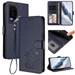 For Honor GT Embossed Heart Cat Leather Phone Case with Hand Strap(Blue)