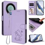 For Honor Magic5 Lite / X9a / X40 Embossed Heart Cat Leather Phone Case with Hand Strap(Light Purple)