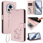 For Honor Magic6 Embossed Heart Cat Leather Phone Case with Hand Strap(Pink)