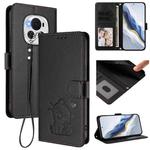 For Honor Magic6 Embossed Heart Cat Leather Phone Case with Hand Strap(Black)