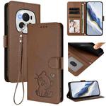 For Honor Magic6 Pro Embossed Heart Cat Leather Phone Case with Hand Strap(Brown)