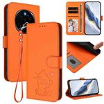 For Honor Magic7 Pro Embossed Heart Cat Leather Phone Case with Hand Strap(Orange)