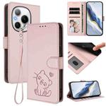 For Honor Power Embossed Heart Cat Leather Phone Case with Hand Strap(Pink)