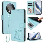 For Honor X70 5G Embossed Heart Cat Leather Phone Case with Hand Strap(Mint Green)