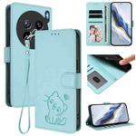 For vivo X200s Embossed Heart Cat Leather Phone Case with Strap(Mint Green)