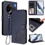 For vivo X100 Embossed Heart Cat Leather Phone Case with Strap(Blue)