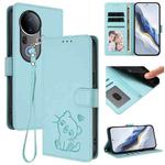 For vivo S20 Pro Embossed Heart Cat Leather Phone Case with Strap(Mint Green)