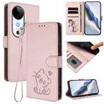 For vivo S19 Embossed Heart Cat Leather Phone Case with Strap(Pink)