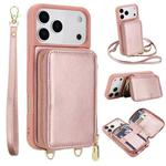 For iPhone 17 Pro Max Crossbody Zipper RFID Card Bag Phone Case(Rose Gold)