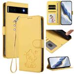 For Google Pixel 6a Embossed Heart Cat Leather Phone Case with Hand Strap(Yellow)