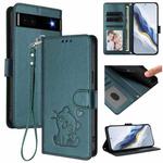 For Google Pixel 6a Embossed Heart Cat Leather Phone Case with Hand Strap(Dark Green)