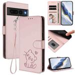 For Google Pixel 7 Pro Embossed Heart Cat Leather Phone Case with Hand Strap(Pink)