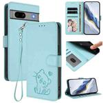 For Google Pixel 7a Embossed Heart Cat Leather Phone Case with Hand Strap(Mint Green)