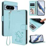 For Google Pixel 8 Pro Embossed Heart Cat Leather Phone Case with Hand Strap(Mint Green)
