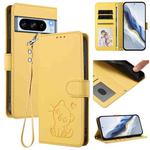 For Google Pixel 8 Pro Embossed Heart Cat Leather Phone Case with Hand Strap(Yellow)