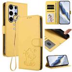 For Samsung Galaxy S25 Ultra 5G Embossed Heart Cat Leather Phone Case with Hand Strap(Yellow)