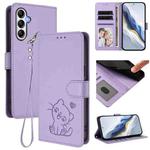 For Samsung Galaxy A24 4G Embossed Heart Cat Leather Phone Case with Hand Strap(Light Purple)