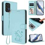 For Samsung Galaxy A33 5G Embossed Heart Cat Leather Phone Case with Hand Strap(Mint Green)