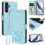 For Samsung Galaxy A16 4G / 5G Embossed Heart Cat Leather Phone Case with Hand Strap(Mint Green)