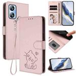 For Blackview A52 / A52 Pro Embossed Heart Cat Leather Phone Case with Hand Strap(Pink)