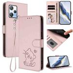For Blackview A53 Embossed Heart Cat Leather Phone Case with Hand Strap(Pink)