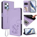 For Blackview A53 Embossed Heart Cat Leather Phone Case with Strap(Light Purple)