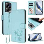 For Blackview Oscal Tiger 13 Embossed Heart Cat Leather Phone Case with Hand Strap(Mint Green)