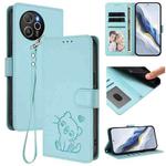 For Blackview Shark 8 / Oscal Tiger 12 Embossed Heart Cat Leather Phone Case with Hand Strap(Mint Green)