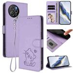 For Blackview Shark 8 / Oscal Tiger 12 Embossed Heart Cat Leather Phone Case with Hand Strap(Light Purple)