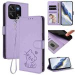 For Blackview Wave 6C Embossed Heart Cat Leather Phone Case with Strap(Light Purple)