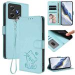 For Blackview Wave 8 / 8C / Oscal Flat 2 Embossed Heart Cat Leather Phone Case with Hand Strap(Mint Green)