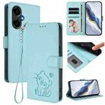 For BLU G64 Embossed Heart Cat Leather Phone Case with Hand Strap(Mint Green)