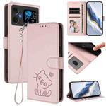 For Cubot A20 Embossed Heart Cat Leather Phone Case with Hand Strap(Pink)